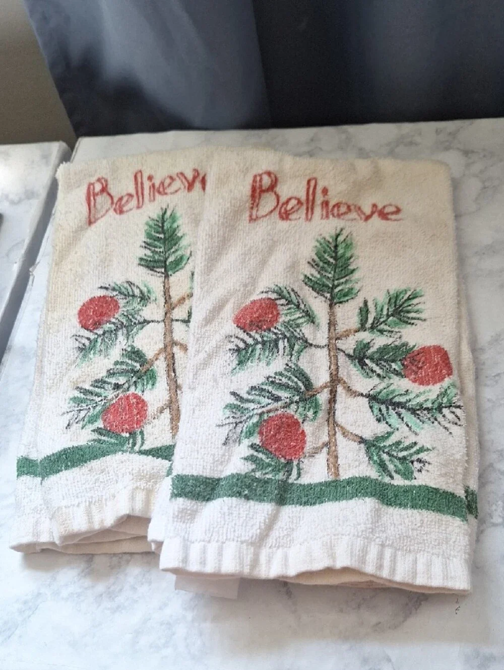 Believe Holiday Decorative Kitchen Towels - Cream with Red and Green